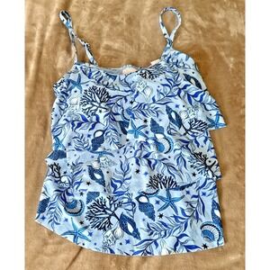 Stella Parker Sze Large Floral 3 Tiered Tankini Top Blue Shore Seashell Starfish